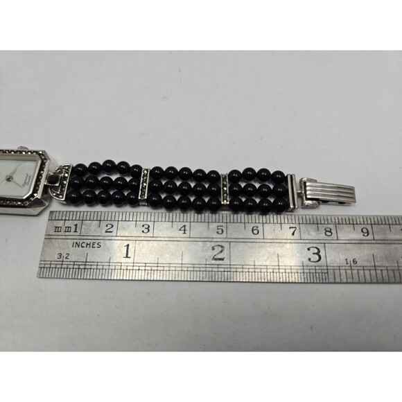Vintage Lucoral Diamond Quartz Watch Black Onyx Beads Marcasite MOP New Battery main image 9